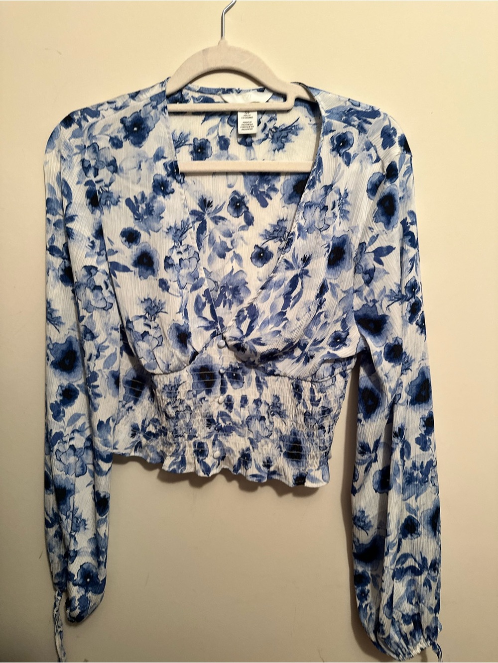 H&M White Blouse with Blue Floral Print and Smocked Waist